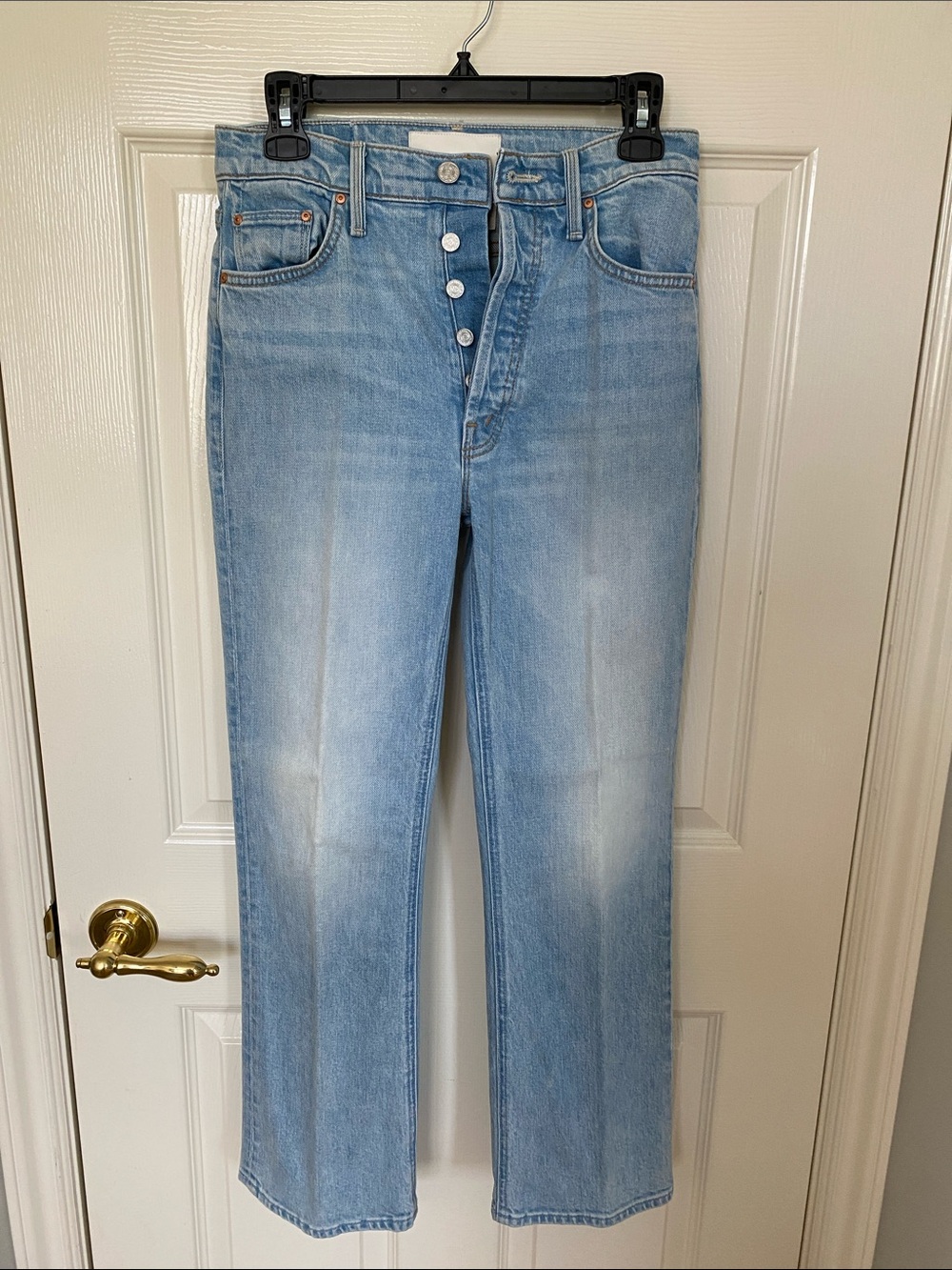 MOTHER THE TRIPPER Light Blue High-Rise Button-Fly Straight Leg Jeans